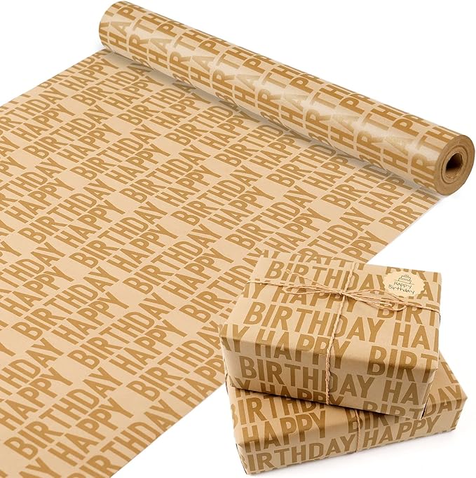MAMUNU Birthday Wrapping Paper Roll, Brown and Gold Kraft Happy Birthday Wrapping Paper Jumbo Roll, Gift Wrap Paper Set for Men Women Boys Girls, 17Inch × 33Feet