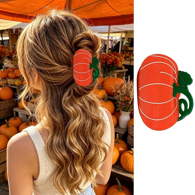 Cute Pumpkin Hair Clips for Women Fall Hair Claw Clips Vegetable Jaw Clips | Orange Pumpkin Hair Clamp with Lines Leaf Thanksgiving Day Hair Barrettes Autumn Winter Daily Holiday Hairstyle Accessory