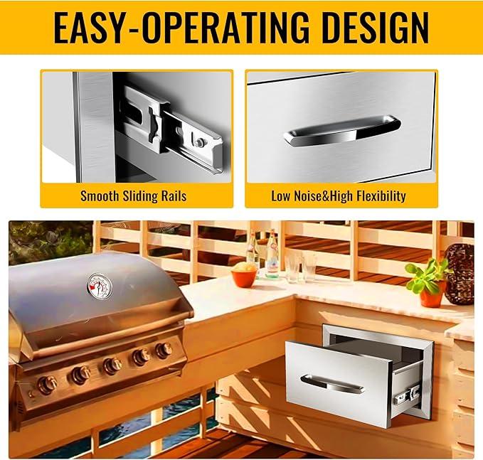 Outdoor Kitchen Drawers Stainless Steel 14W X 8.5H X 23D Inch, Flush Mount Single BBQ Island Drawers with Handle for Outdoor Kitchens, Patio or Grill Station