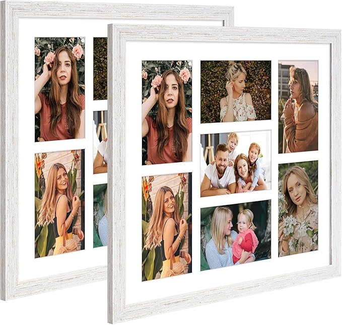 13.5x15.5 Collage Frame with 7 Openings 4X6 Pictures, Multiple Picture Frame with Mat, Wall or Tabletop Decor, White Wood Grain,2 Pack