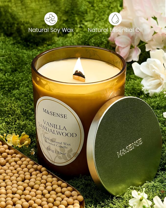 M&SENSE Vanilla Sandalwood Candle, Cracking Wooden Wick Soy Wax, 18oz 100 Hours Long Lasting Clean Burn, Large Jar Candles for Fall Winter Home Scented, Non-Toxic Relaxing Aromatherapy Gifts for Women