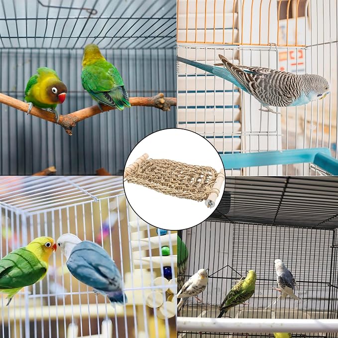 FlidRunest Conure Ladder Perch for Cage, Bird Seagrass Ladder Bridge Exercise Stands, Natural Hand-Woven Parrot Net Climbing Chewing Hammock, Cage Accessories