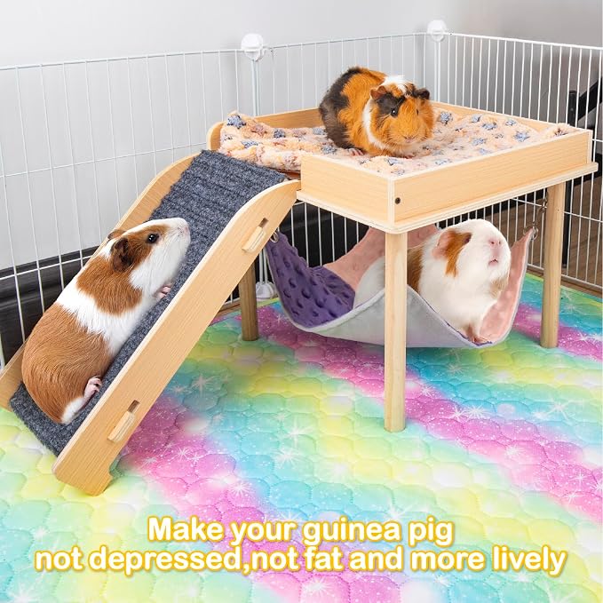 BESNEW Enlarged Guinea Pig Hammock with Platform and Stairs,Wooden Small Animal Hideout for Guinea Pigs Bunny Ferret Hamster Hiding Sleeping Activities(Single)