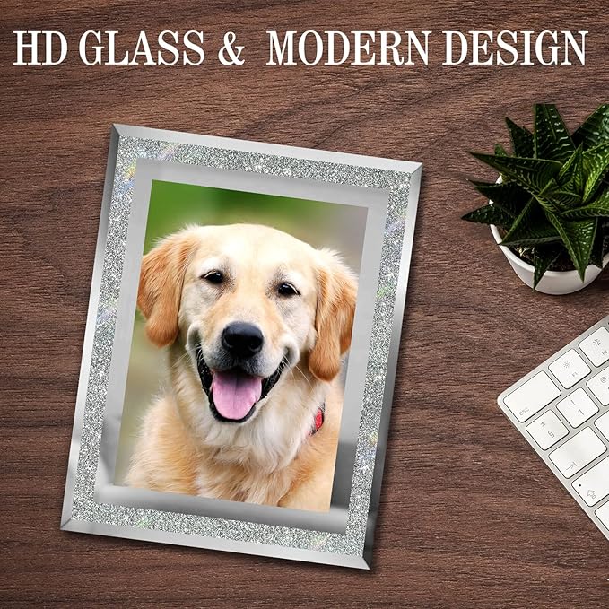 5x7 Picture Frames Silver - Set of 2, Sparkle Real Glass 5 by 7 Photo Frame Mirrored Edge Great Gift, for Tabletop Display, Wedding Birthday Christmas Day Gifts (5 x 7, Glitter Silver)