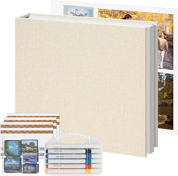 Vienrose Photo Album Scrapbook, 3 Ring 12" x 12" Linen Cover Kraft Paper Memory Book with 30 Sheets 60 Pages, Scrapbook Set for Wedding, Anniversary, Family, Travel, Beige