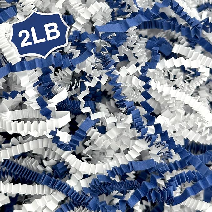 2LB Crinkle Cut Paper Shred Filler for Bag Gift Box Basket Paper Shreded Stuffing Decoration for Valentine's Day Holiday Party (Blue&White)