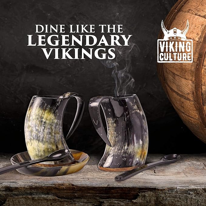 Viking Culture - Hot Viking Horn Mug with Spoon and Bag, 2 Pc Set, Horned Handle with Rustic Natural Finish, Safely Holds Hot and Cold Tea, Coffee, Cocoa, Wine, Beer or Mead