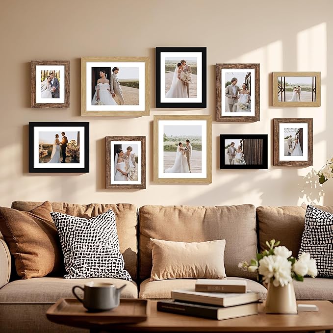 6x8 Picture Frame Set of 4, Made of Real Glass and Rustic Brown Frame - Display Picture 4x6 with Mat or 6x8 Without Mat, 6 by 8 Photo for Wall or Tabletop
