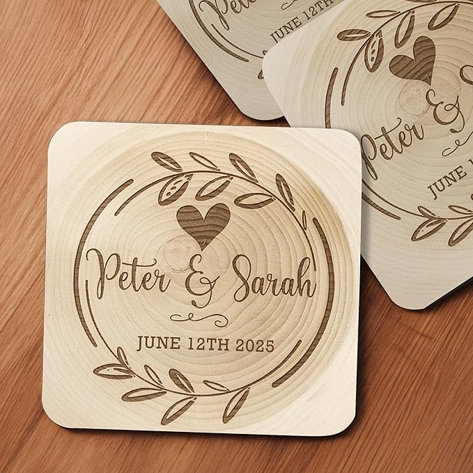 60 Pack Personalized Wedding Coasters, Custom Cardboard Coasters for Drinks with Photo Print and Text, Keepsake Wedding Favors and Gifts for Couples, 4x4 Square, Design 1