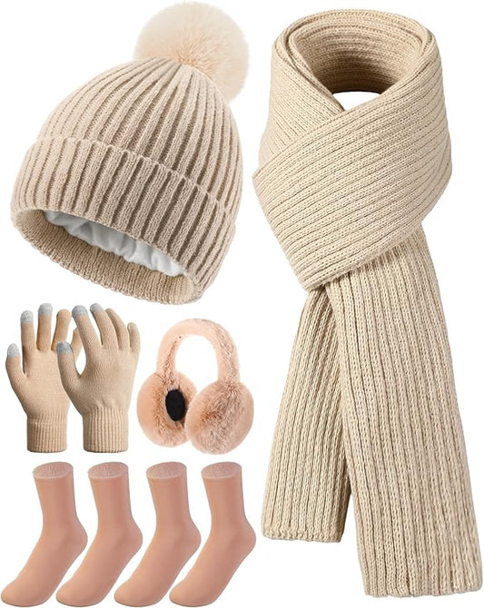 Geyoga 6 Pcs Winter Warm Set for Women Warm Beanies Hats Touchscreen Gloves Long Scarf Ear Muffs Socks Winter Gifts for Women