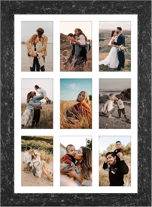 13.5x19.5 Picture Frame Display 9 opening 4X6 Picture Frame Collage,Multi Photo Frame with Mat,Plexiglass,Wall or Tabletop Decor,Black Wood Grain