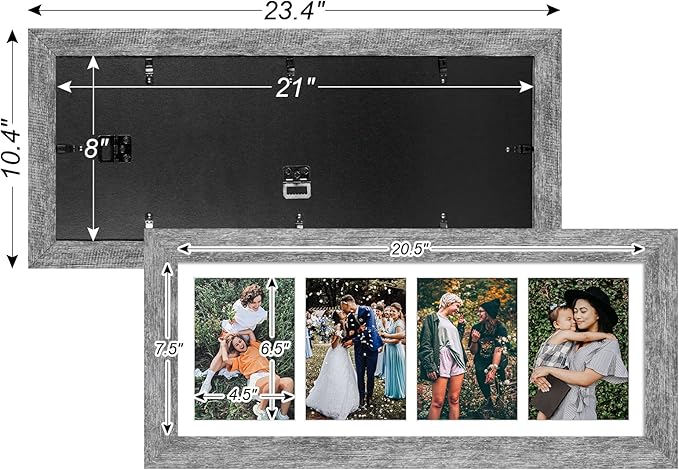 8x21 Picture Frame Display 4 opening 5x7 Collage Picture Frame,Multi Photo Frame with Mat,Plexiglass,Horizontal and Vertical Formats for Wall Decor,Grey Wood Grain