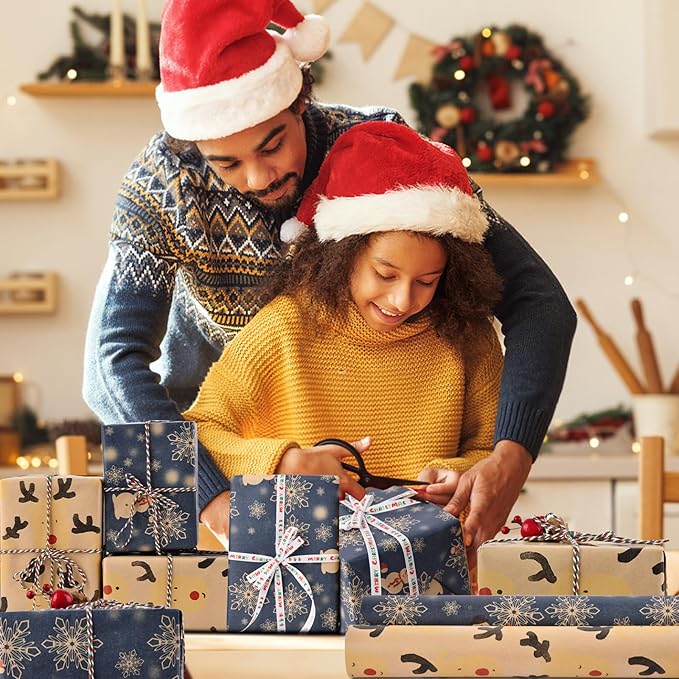 AhfuLife 2 Rolls Christmas Wrapping Paper - 17 Inch × 49.2 Feet Per Roll, Recyclable Kraft Xmas Wrapping Paper Roll for Kids Christmas Gift Box Birthday Party Decoration -138 sq. ft. ttl (L: Blue Snowman/Reindeers)