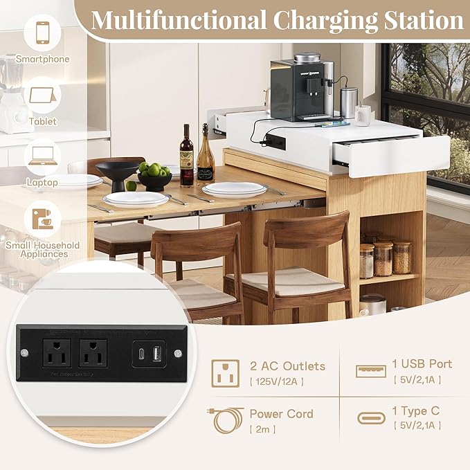 Amposei Kitchen Island with Extendable Dining Table & Power Outlet, 58’’ Breakfast Bar Coffee Station Sideboard Glass Door Storage Cabinet with Drawers, Natural & Creamy White