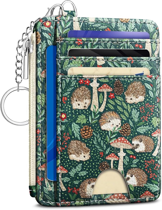 Kelvoris Credit Card Holder Small Wallet Women, Slim RFID, Cute Hedgehog | Keychain, Zipper Coin Pocket, Front Pocket Thin Travel Card Case, Minimalist, 6 Card Slots, 1 ID Window, Ladies Gifts Woman