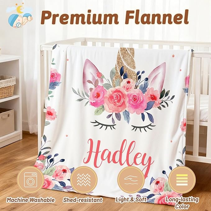 Personalized Unicorn Girls Blanket, Customized Baby Blankets with Name for Girls, Baby Gifts for Newborn Girl, 30"x40"