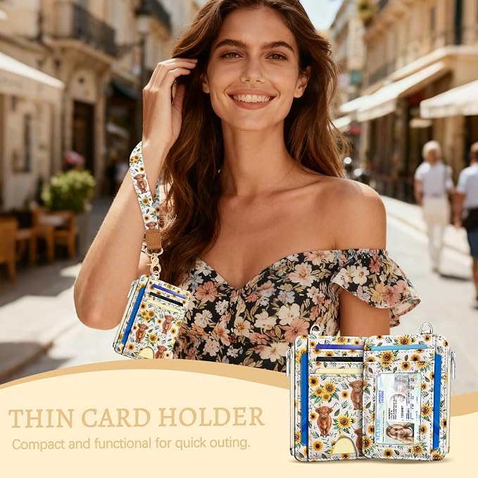 Kelvoris Credit Card Holder Small Wallet Women, Slim RFID, Highland Cows | Keychain, Zipper Coin Pocket, Front Pocket Thin Travel Card Case, Minimalist, 6 Card Slots, 1 ID Window, Ladies Gifts Woman