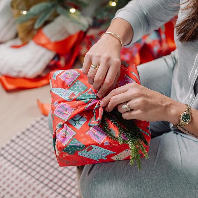 Bee's Wrap Furoshiki Reusable Cotton Fabric Wrapping Paper - Seasons Greetings Pack of 4 Gift Wraps - Gift Wrapping Supplies - Eco Friendly Alternative to Bags and Paper Rolls