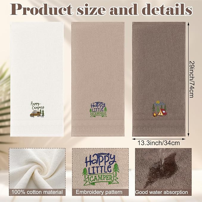 3 Pcs Camping Themed Hand Towels for Bathroom 14 x 29 Inch Embroidered Decorative RV Hand Towels 100% Cotton Farmhouse Campers Bathroom Decor