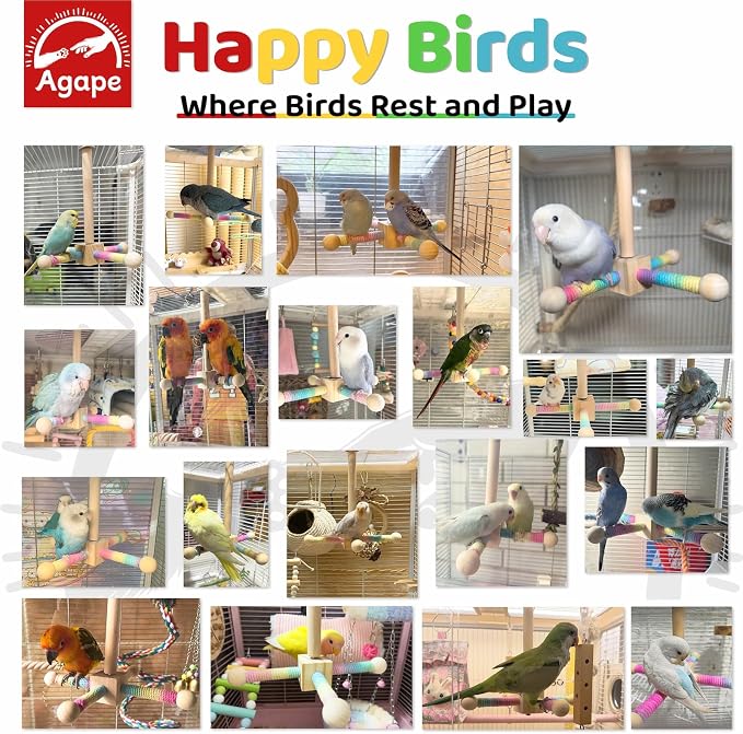 Agape 360° Rotating Bird Perch Stand, Wooden Parrot Exercise Toy | Bird Cage Accessory for Small-Medium Birds: Parakeets, Cockatiels, Lovebirds, Conures, Finches, Budgies, Parrotlets, Quakers