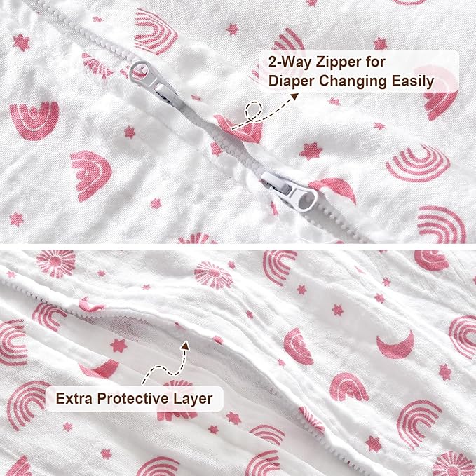 PHF 100% Muslin Cotton Baby Sleep Sacks, 12-18 Months Sleep Sack with 2-Way Zipper, 2 Pack Cooling 0.5 TOG Breathable Large Size Sleeveless Baby Wearable Blanket for Baby Girl, Rainbow