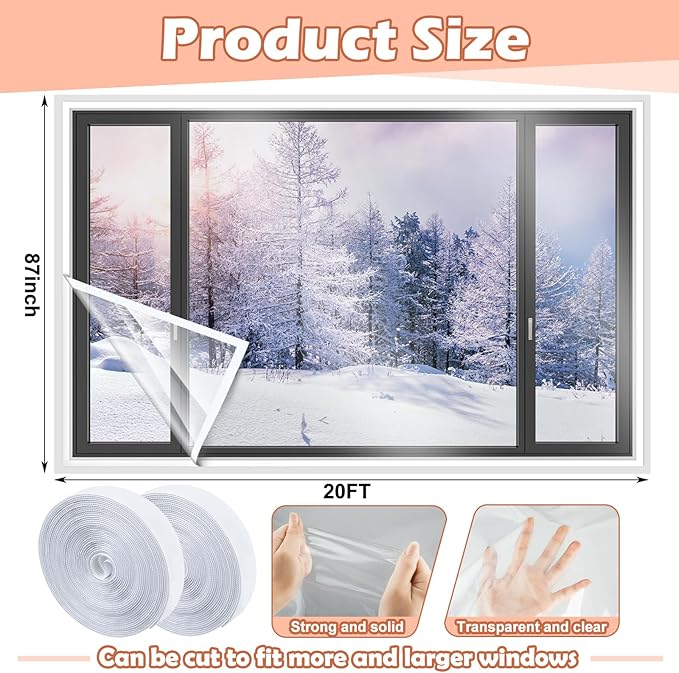 87 Inch X 20 ft Window Insulation Kit Cuttable Transparent Film with Adhesive Straps Reusable Window Plastic for Winterizing Thicken Thermal Waterproof Attic Insulation Cover Warm Winter