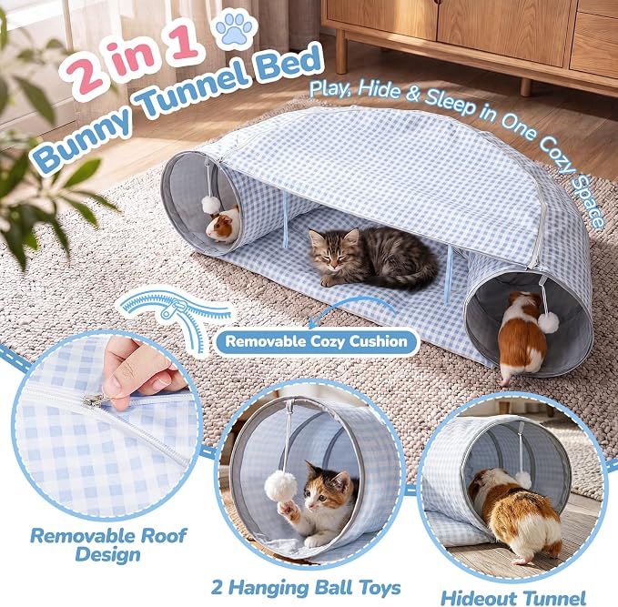 Bunny Tunnel Bed, 2-in-1 Collapsible Rabbit Guinea Pig Hideout, Blue | Removable Mat, Small Animal Tubes, Pet Rest Play Toy Indoor for Cats Kittens Rabbits Bunnies Ferret