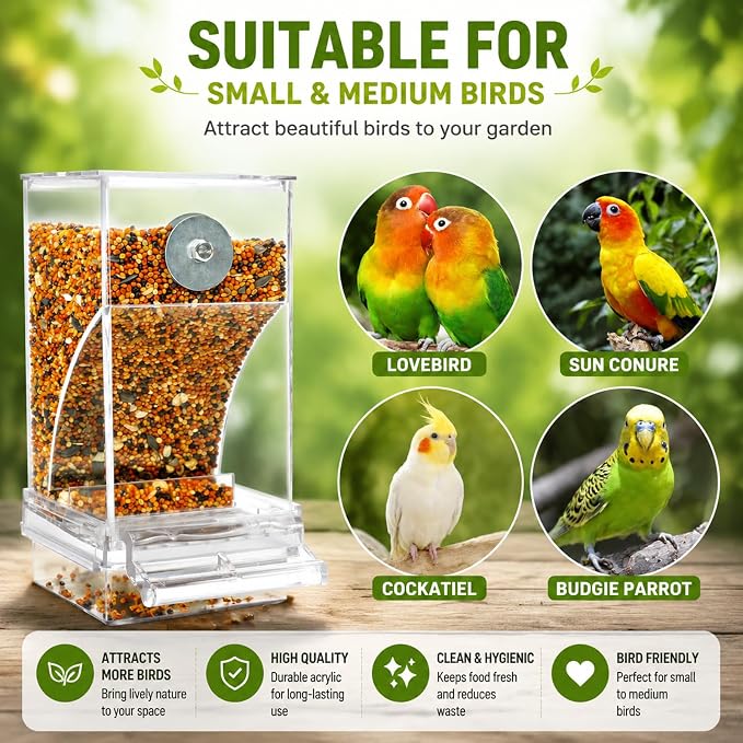 Rypet No-Mess Automatic Bird Feeder, Parakeet Cage Accessories | Transparent Acrylic Food Level Check, Helps Reduce Seed Scatter, for Small Birds Cockatiel Parrot Canary