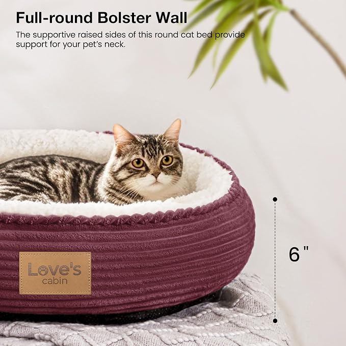 Love's cabin Round Donut Cat and Dog Cushion Bed, 20in Pet Bed for Cats or Small Dogs, Anti-Slip & Water-Resistant Bottom, Super Soft Durable Fabric Pet beds, Washable Luxury Bed Burgundy Stripe