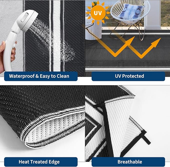 Waterproof Outdoor Rug 9x12 Reversible Plastic Straw Rug Modern Bordered Large Floor Carpet UV Resistant Camping Mat for Outsides RV Patio Backyard Picnic Deck Black/White