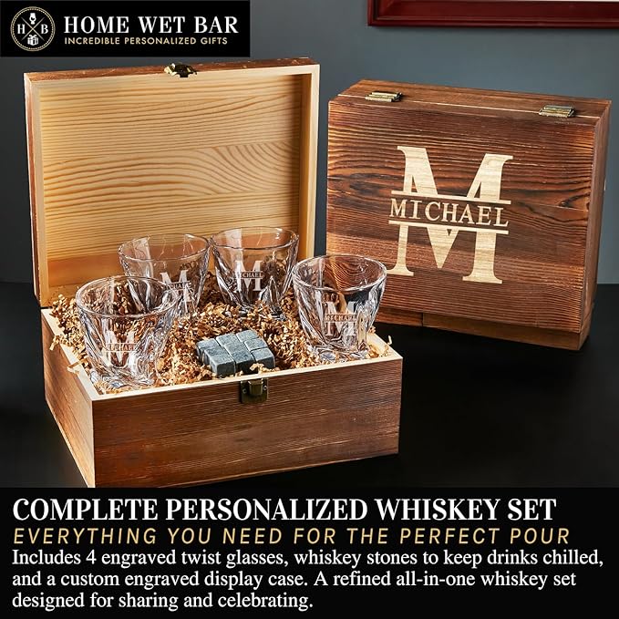 Personalized Whiskey Glasses – Custom Engraved Twist Whiskey Glass Set of 4 & Display Case with Whisky Stones by Home Wet Bar