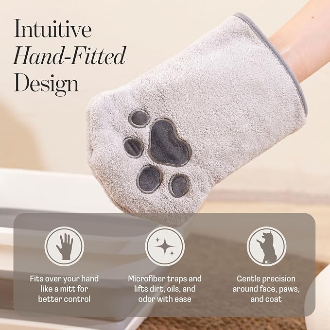 Microfiber Grooming Mitt, Reusable Pet Wipe, Dogs & Cats, Single | machine washable, double-sided, paw-shaped design, replaces disposable wipes