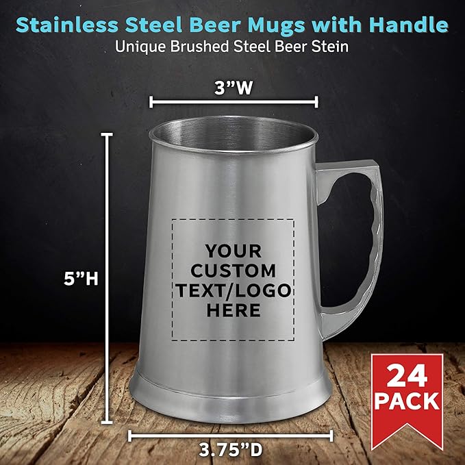 Custom Stainless Steel Beer Stein Mug 13.5 oz. Set of 24, Personalized Bulk Pack - Great for Restaurant, Brewery, Pub - Silver