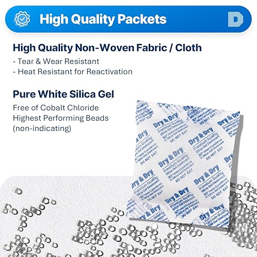 Dry & Dry 100 Gram [5 Packets] Premium Pure & Safe Silica Gel Desiccant Packets - Silica Gel Packets, Silica Gel Packs, Silica Gel, Silica Packets
