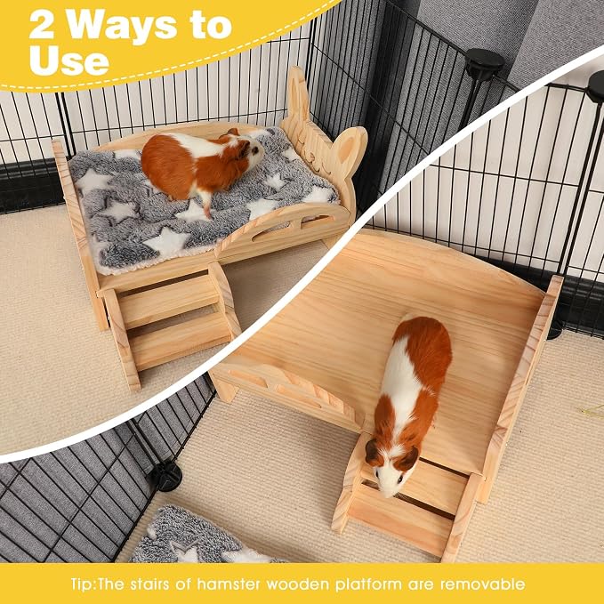 Rypet Wooden Guinea Pig Bed with Stairs & Mat, Bunny Bed Hideout | Cozy Small Animals Cushion Bed, Detachable Small Pet Hut Habitats, Cushion, Guinea Pig Hideout, Chinchillas and Ferrets