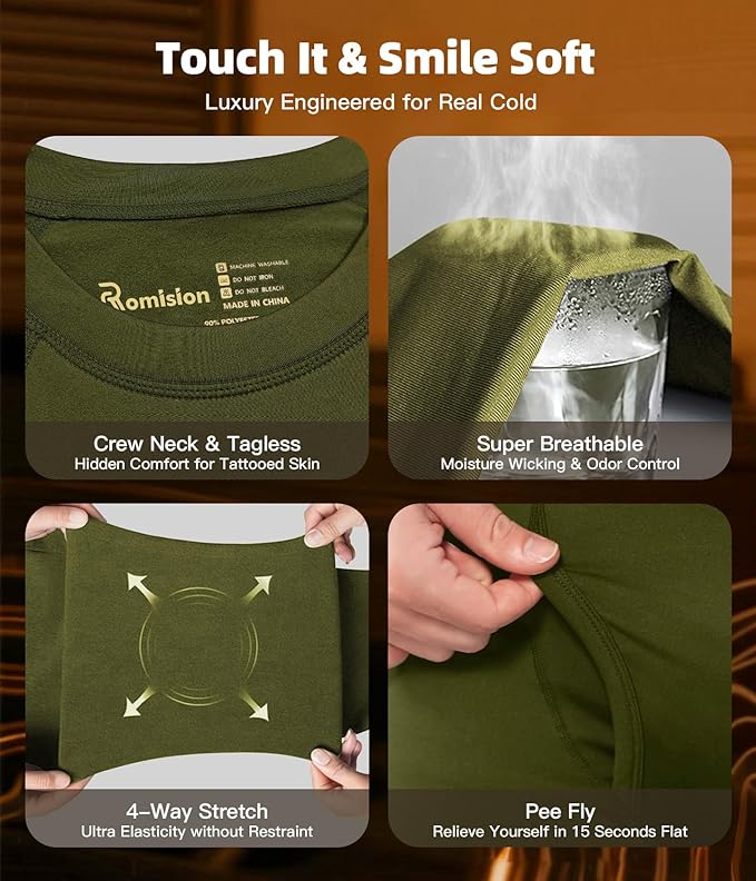 romision 2 Pack Thermal Underwear for Men Long Johns Fleece Lined Hunting Gear Bottom Top Set Base Layer Cold Weather XS-4XL