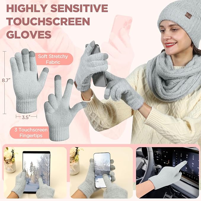 Womens Beanie Hat Infinity Scarf Touchscreen Gloves Fleece Headband 4 in 1 Winter Clothes Set Gifts for Women