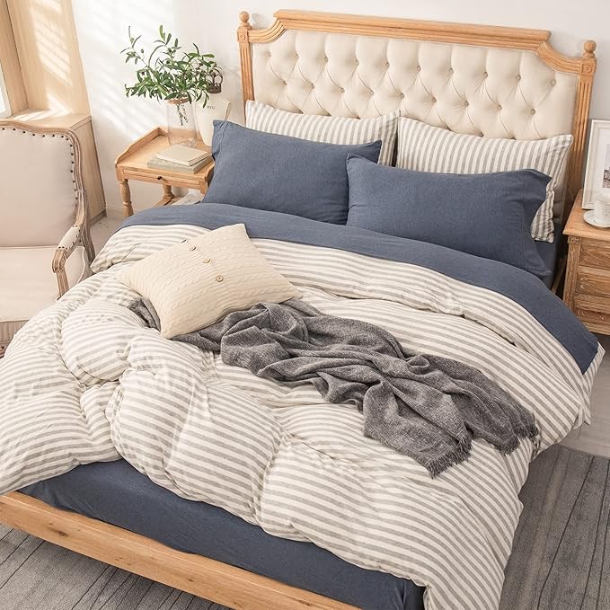 PURE ERA Jersey Knit 4pc Bed Sheet Set 100% T-Shirt Heather Cotton Super Soft Comfy Breathable Fits Mattress Up to 20" Extra Deep Pocket (Heather Navy Blue, Cal King)