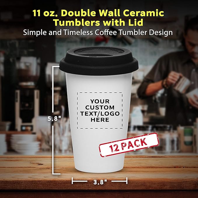 Personalized 11 oz. Double Wall Ceramic Tumblers with Lid - 12 Pack - Custom Text, Logo - Black
