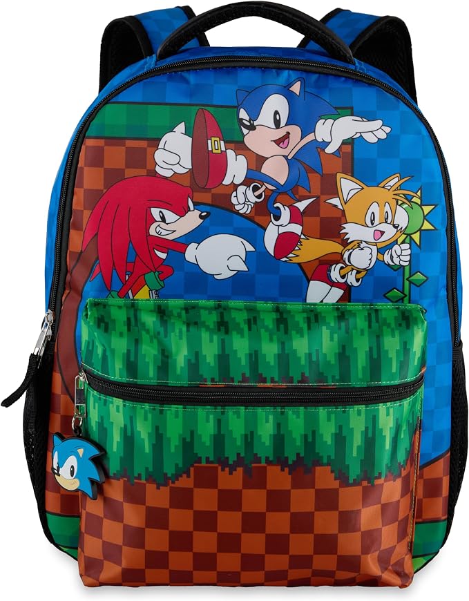 AI ACCESSORY INNOVATIONS Sonic The Hedgehog Backpack, Boys & Girls Featuring Sonic, Tails, and Knuckles,16” Bookbag w/Molded Sonic Dangle, Blue