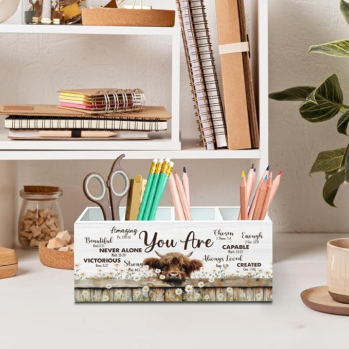 DILSJ Christian Highland Cow 4 Compartment Pen Pencil Holder for Desk | Inspirational Christian Gifts, Rustic Cow Motivational Wooden Box Signs Organizer for Home Office Desk Tabletop Decoration