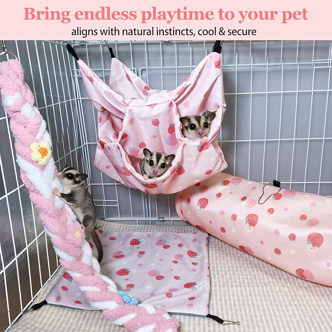 Hamiledyi Rat Hammock Sugar Glider Climbing Ropes Toys Rat Hanging Tunnel Hammock Swing Squirrel Hideout Bed Cage Accessories for Ferret Mouse Hamster Small Animals (Pink)