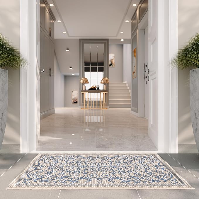 SAFAVIEH Washable Rug Outdoor Courtyard Collection - 2' x 3'7", Natural & Blue, Non-Shedding & Easy Cleaning, Ideal for Patio, Front Door, Entryway, Doormat (CY2098-3101)