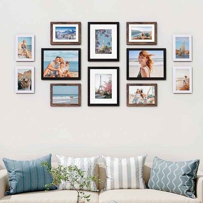 Vittanly 12 Pack Picture Frames Collage Wall Decor for Mounting or Tabletop Display, Gallery Wall Frame Set for Family, Multi Sizes Including 4pcs 8x10, 4pcs 5x7, 4pcs 4x6, Black, Brown and White
