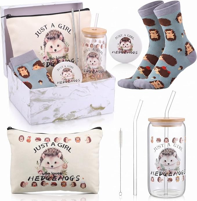 Kacctyen 5 Pcs Christmas Hedgehog Gift for Women Hedgehog Accessories 16oz Glass Cup Tumbler with Lid Straw Makeup Cosmetic Bag Pocket Mirror Sock for Daughter Sister Bestie Birthday Animal Lover Gift