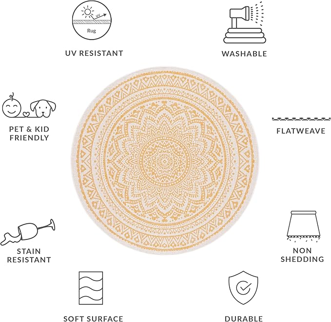SAFAVIEH Courtyard Collection 6'7" Round Ivory/Gold CY8734 Indoor/Outdoor Non-Shedding Easy Cleaning Patio Backyard Porch Deck Mudroom Area Rug