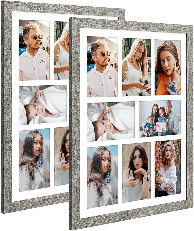 13x17 Collage frame with 8 Openings 4X6 Pictures, Multiple Picture Frame with Mat, Wall or Tabletop Decor, Grey Wood Grain,2 Pack