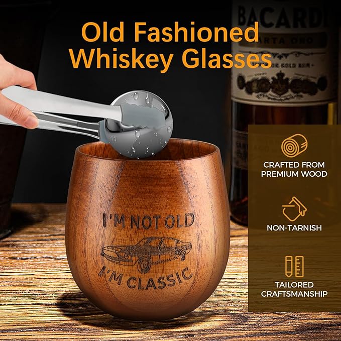 GENUINED Engraved Wooden Whiskey Glasses, Bourbon Gifts for Men, Dad Birthday, Retirement, Christmas Gifts, Old Fashioned Wood Bourbon Drinking Glass(1 Pack)
