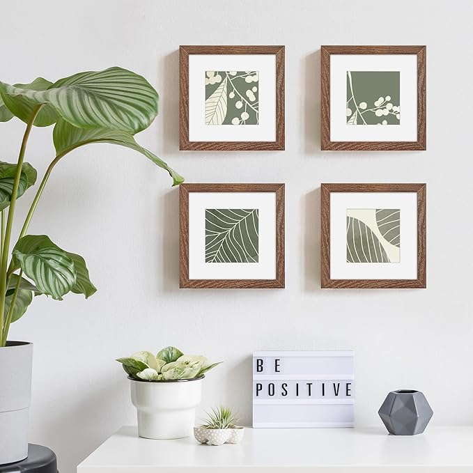 Solid White Oak Wood 6x6 Picture Frames with Stand for Wall & Tabletop Display, Rustic Real Glass, Matted to 4x4, Walnut, Set of 4
