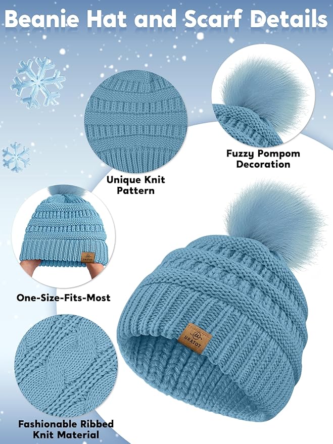 URATOT 4-In-1 Winter Warm Sets Knitted Scarf Touch Screen Gloves Beanie Pompom Hat and Winter Ear Warmer for Men or Women